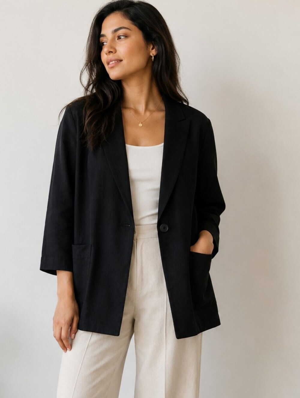 CAbi Turner Blazer Size 10 Black Ponte knit One Button Jacket Angled Sleeves